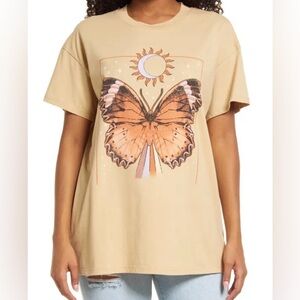 Tan Graphic Tee with Sun and Butterfly Design
